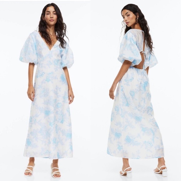 H&M || Puff Sleeve Plunge Open Back Dress Floral Blue White XS NWT - Picture 1 of 11